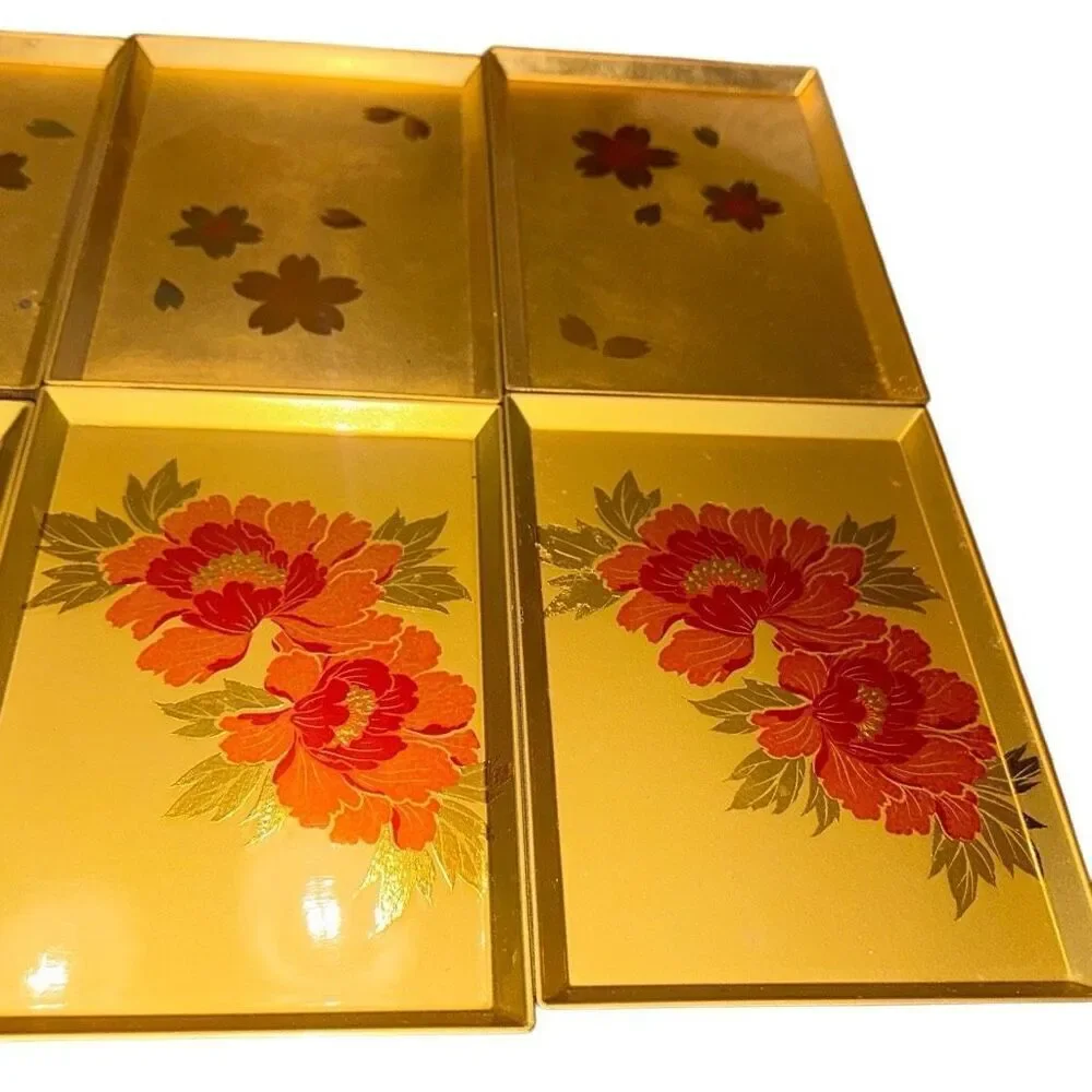 Set 8 VTG Handcrafted OTAGIRI Original Trays -Japan-Blk Lacquer W/Gold/Flora